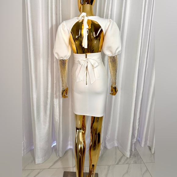 Ballon Sleeve Crystal Mesh Cut Out Mini Bandage Dress - Picture 4 of 7